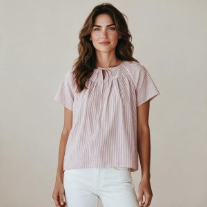 Madeleine & Marie Vetements grossesse Allaitement blouse rayures vieux rose vue face sur mannequin ia